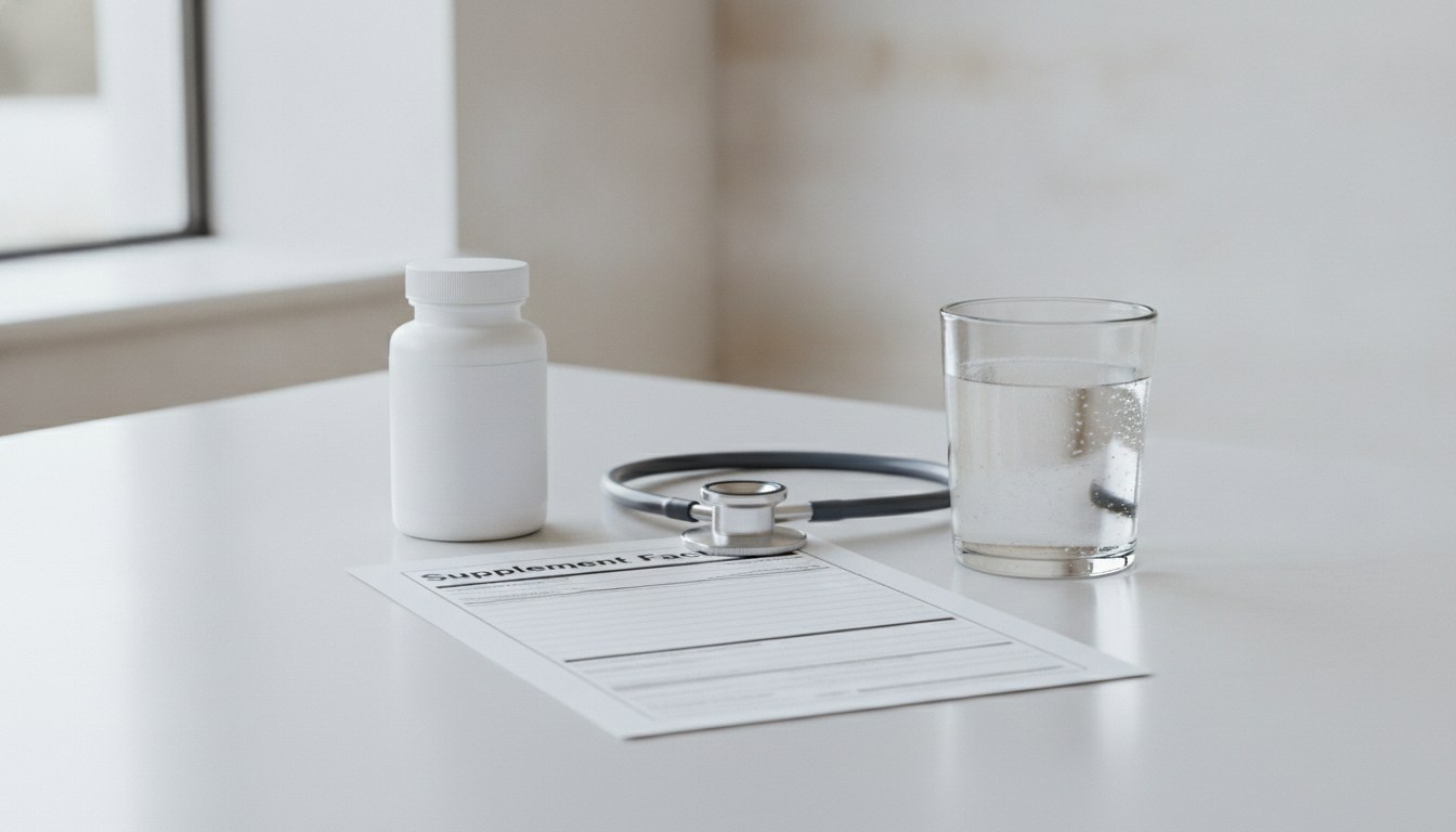 Clinical desk photograph of an unbranded capsule bottle, a blank facts sheet, and a stethoscope in even daylight